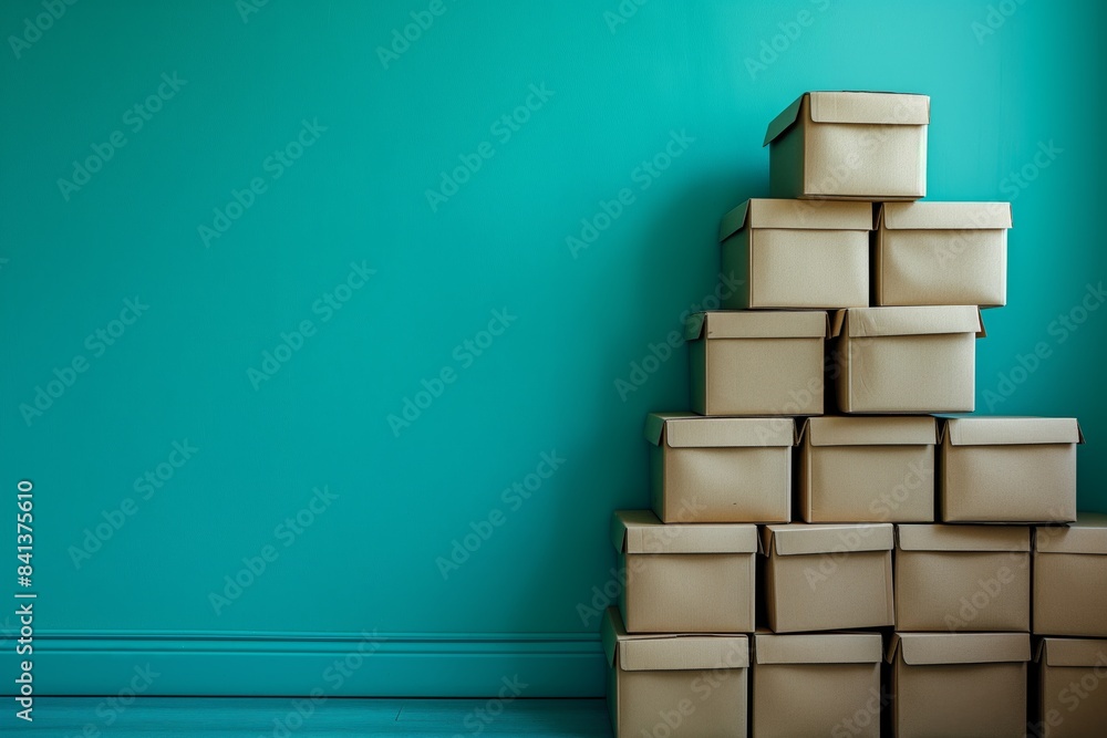 Pile of cardboard boxes against teal wall