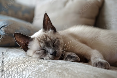 Relaxed Siamese Cat Lounging on Plain Background