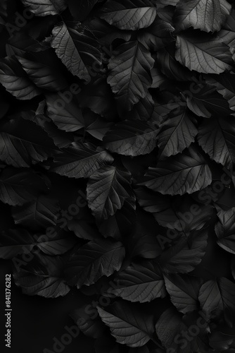Abstract black leaf textures on dark nature concept for tropical flat lay with leaves