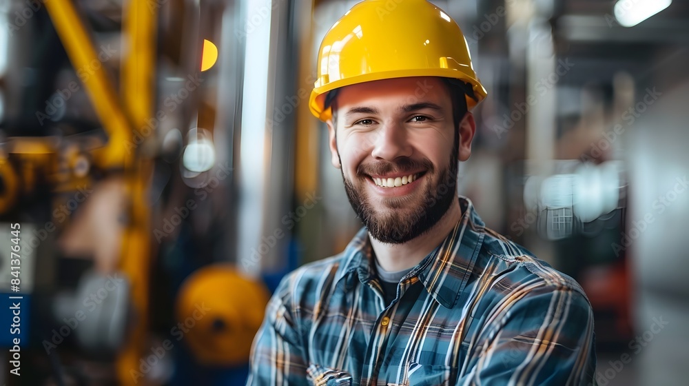 Smiling Hardhat Wearing Bearded Worker in Plaid Shirt on Industrial Background Smiling Hardhat Wearing Bearded Worker in Plaid Shirt on Industrial Background