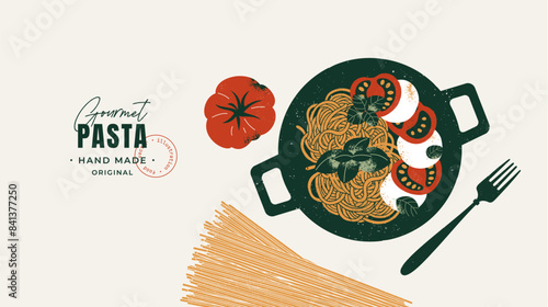 Tasty pizza with mozzarella and tomatoes. Spaghetti in a frying pan. Vector illustration