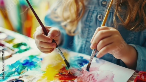 Close up of happy children hands holding paint brush and painting picture with colorful watercolors. Elementary student attend in art lesson while using watercolors and mixing color on paper. AIG42.