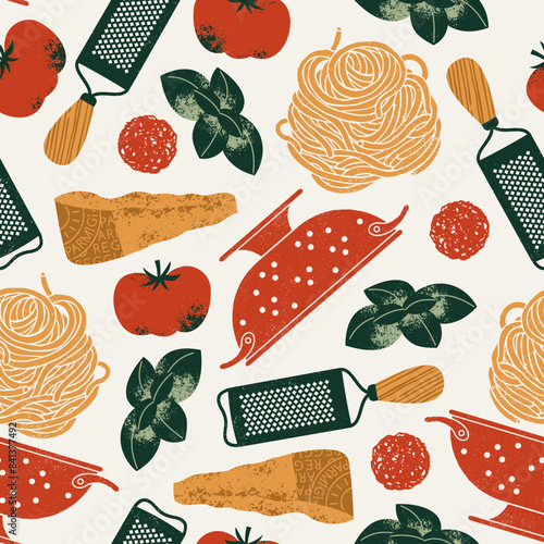 Italian pasta seamless pattern. Colander with spaghetti and tomato with basil and parmesan cheese. Vector illustration
