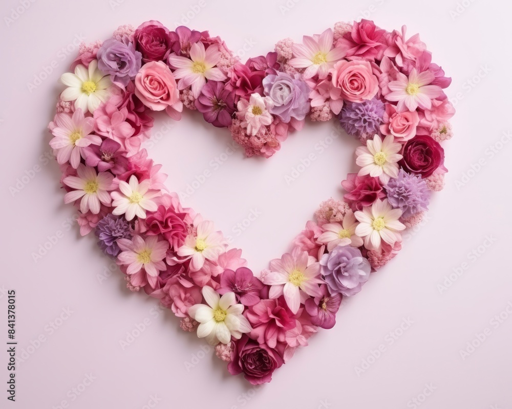 Heart shape made of colorful flowers on white background, top view. Heart shape made of colorful flowers on white background, top view.