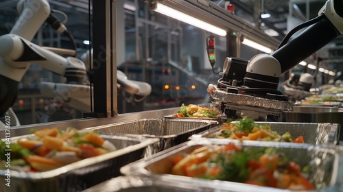 An advanced food processing plant where robots perform high-speed packaging of ready-to-eat meals, showcasing the precision and cleanliness of the operation. photo