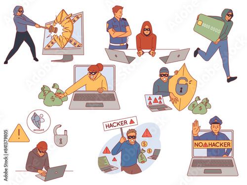 Cyber hackers scenes. Hacking system and protection, data, information and money theft, secure web traffic, breaking laptop. Network criminality cartoon flat style cybercrime vector set