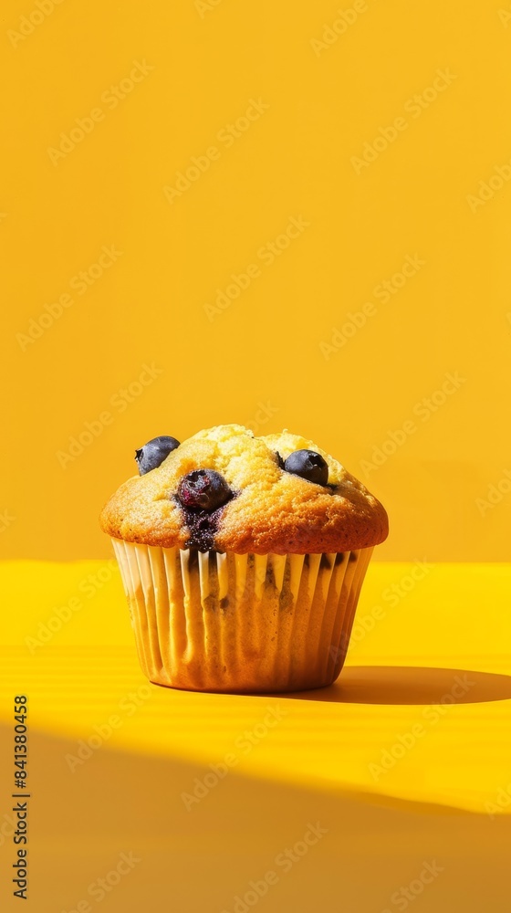 A freshly baked blueberry muffin sits alone on a bright yellow surface, catching the warm rays of the sun A freshly baked blueberry muffin sits alone on a bright yellow surface, catching the warm rays of the sun