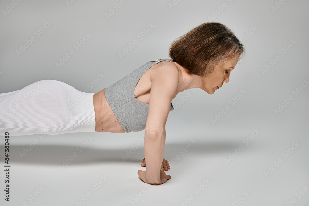 Attractive woman in comfy attire energetically doing push ups on white background. Attractive woman in comfy attire energetically doing push ups on white background.