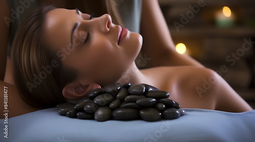Show a massage therapist using warm stones or herbal compresses on a client's back. Highlight relaxation and muscle relief. photo