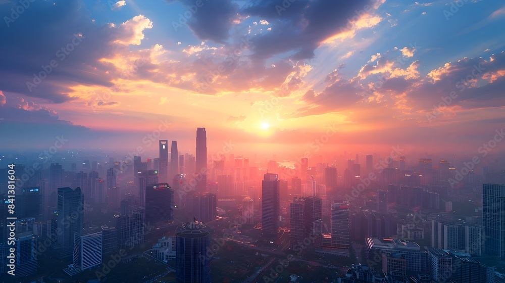 Fototapeta premium Magnificent Cityscape at Sunset Soaring Skyscrapers Illuminated Against the Dramatic Sky