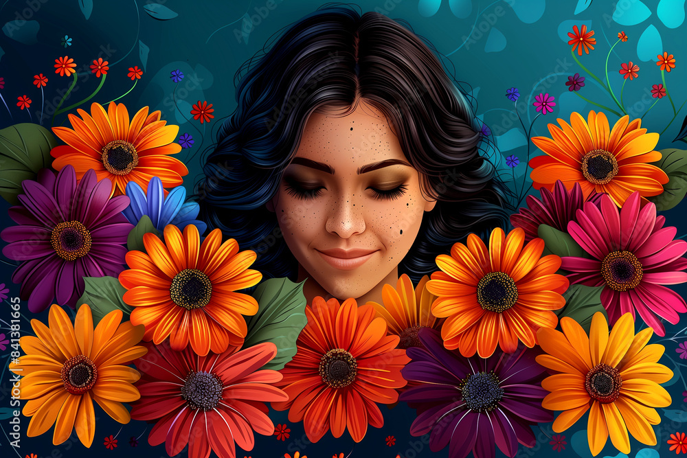A woman is surrounded by a bouquet of flowers, with her face in the center of the image. The flowers are of various colors, including orange, pink, and purple. Scene is one of beauty A woman is surrounded by a bouquet of flowers, with her face in the center of the image. The flowers are of various colors, including orange, pink, and purple. Scene is one of beauty