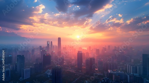 Magnificent Cityscape at Sunset Soaring Skyscrapers Illuminated Against the Dramatic Sky