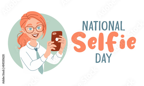 National selfie day poster. Girl with smartphone taking selfie and lettering isolated on white background. Holiday banner. Flat design vector illustration.