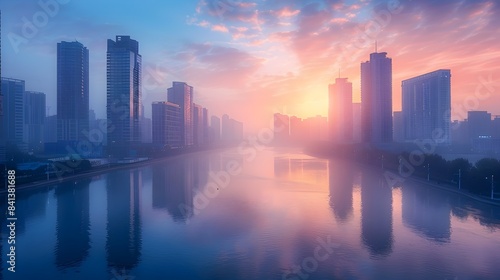 Majestic Cityscape at Dawn with Serene River Reflection