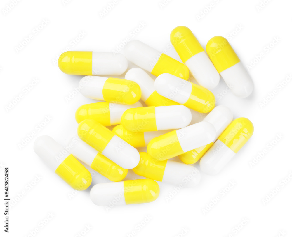 Many antibiotic pills isolated on white, top view Many antibiotic pills isolated on white, top view