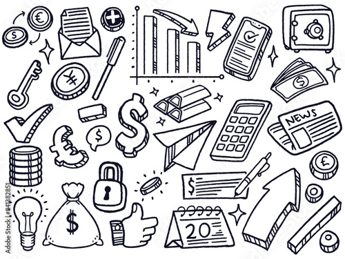 hand drawn doodle business marketing symbol set elements black white style for Banking and finance.