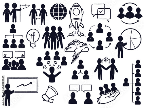 hand drawn doodle business recruitment symbol set elements in black white style. Banking and finance