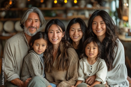Large family portrait in the house, with five ladies and six members, all grinning.