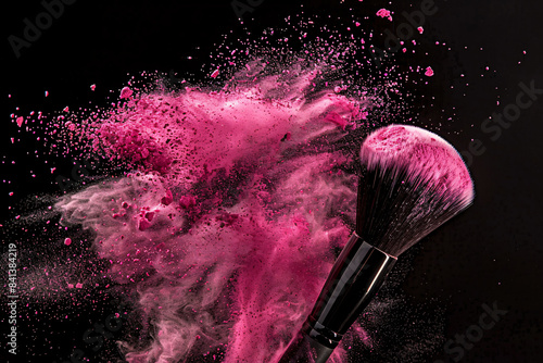 A luxurious makeup brush captured in mid-motion as a vibrant pink powder explodes from its bristles, creating a dramatic and dynamic visual effect. The black background enhances the striking contrast