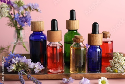 Aromatherapy. Different essential oils and flowers on pink background