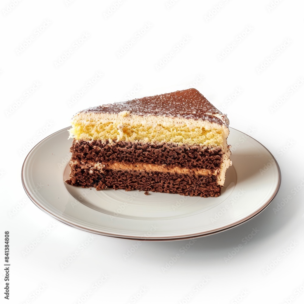 A single slice of layered chocolate and vanilla cake with a creamy white frosting on a plain white plate A single slice of layered chocolate and vanilla cake with a creamy white frosting on a plain white plate