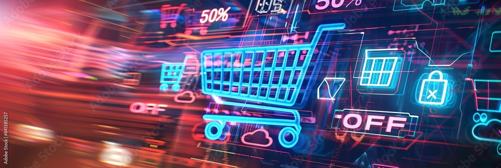 A neon blue shopping cart with the words 50 OFF on a futuristic digital background with glowing lines and icons. Generative AI A neon blue shopping cart with the words 50 OFF on a futuristic digital background with glowing lines and icons. Generative AI
