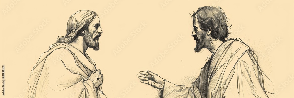 Obraz premium Biblical Illustration of Jesus' Conversation with Nicodemus, Ideal for Banner,Christian banner