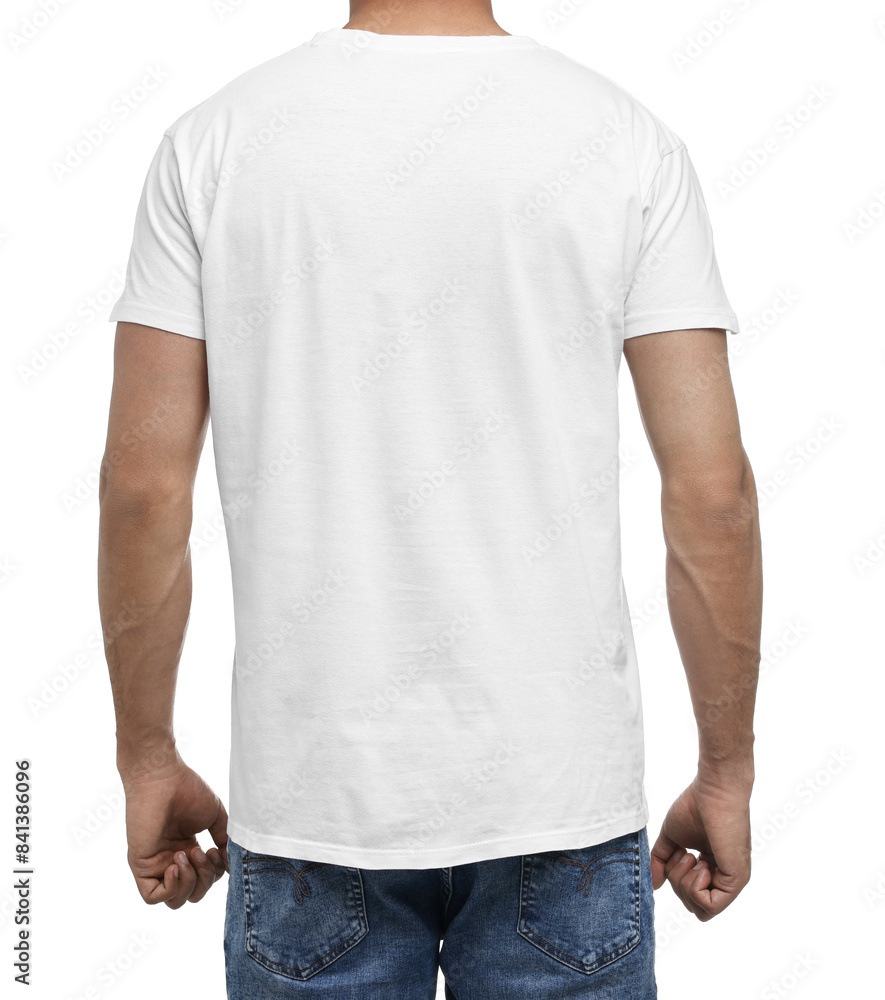 Man in t-shirt on white background, back view Man in t-shirt on white background, back view