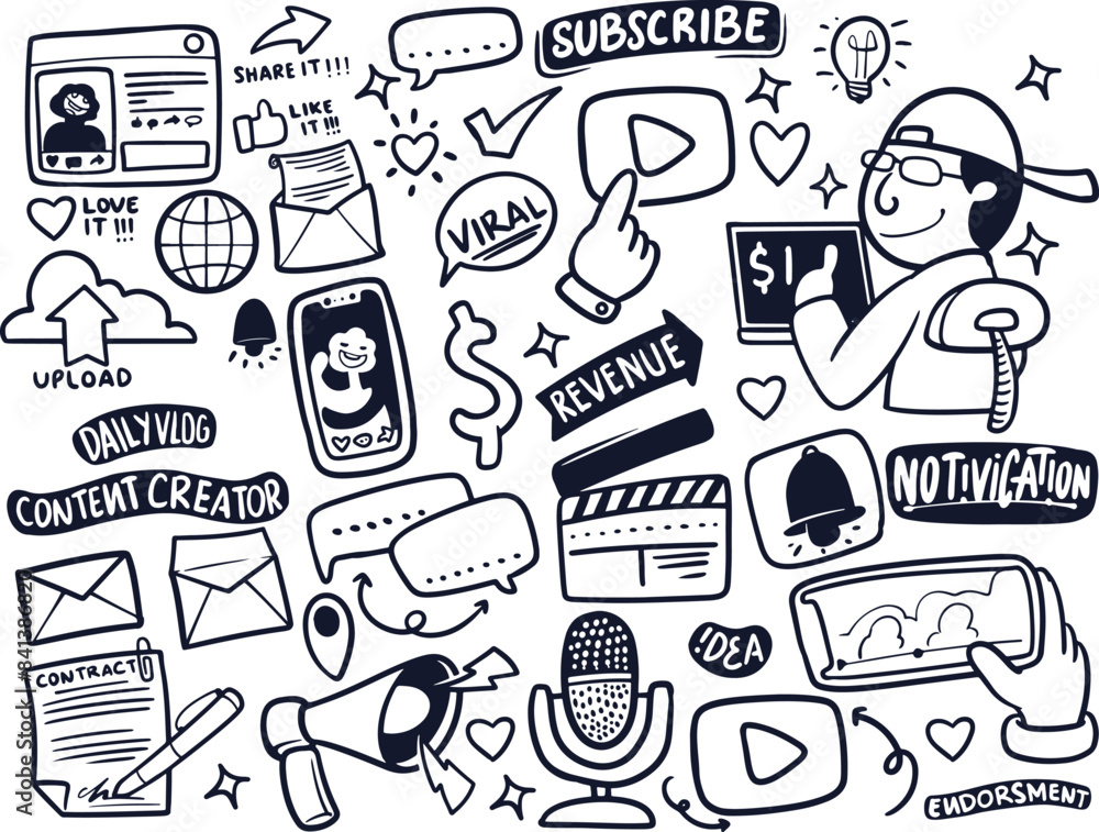 Hand drawn of content creator stickers set in black white style. Multimedia and entertainment concept. Hand drawn of content creator stickers set in black white style. Multimedia and entertainment concept.