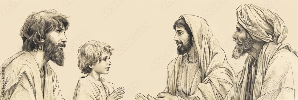 Biblical Illustration of Young Jesus in the Temple, Discussing with Elders, Ideal for Banner,Christian banner Biblical Illustration of Young Jesus in the Temple, Discussing with Elders, Ideal for Banner,Christian banner