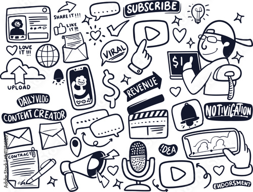 Hand drawn of content creator stickers set in black white style. Multimedia and entertainment concept.