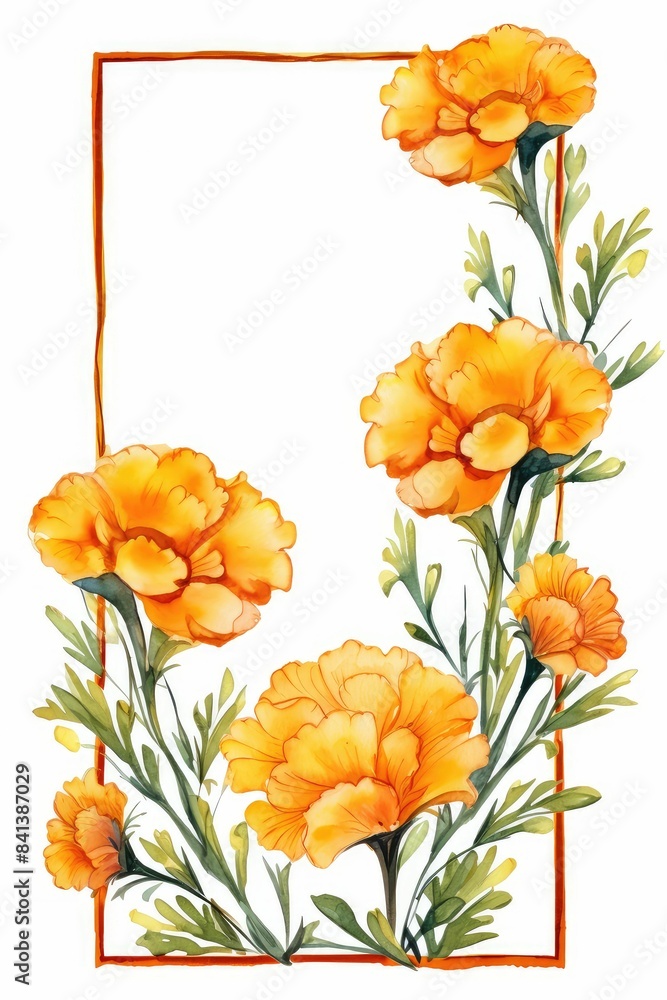 marigold themed frame or border for photos . with orange and yellow blooms. watercolor illustration, white color background. Botanical border for wallpaper or wrapping. marigold themed frame or border for photos . with orange and yellow blooms. watercolor illustration, white color background. Botanical border for wallpaper or wrapping.
