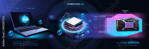 Cyber banner with powerful processor, video card and laptop. Concept banner with modern digital graphics and computer components on futuristic background. Modern computer technologies and developments