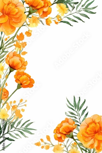 marigold themed frame or border for photos . with orange and yellow blooms. watercolor illustration  white color background. Botanical border for wallpaper or wrapping.