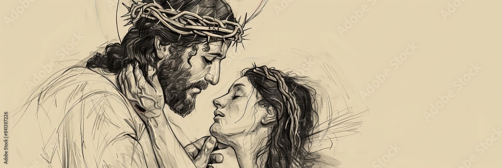Fototapeta premium Biblical Illustration of Jesus' Healing of the Woman with an Issue of Blood, Ideal for Banner,Christian banner