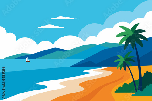sea beach with palm tree vector illustration © Shiju Graphics
