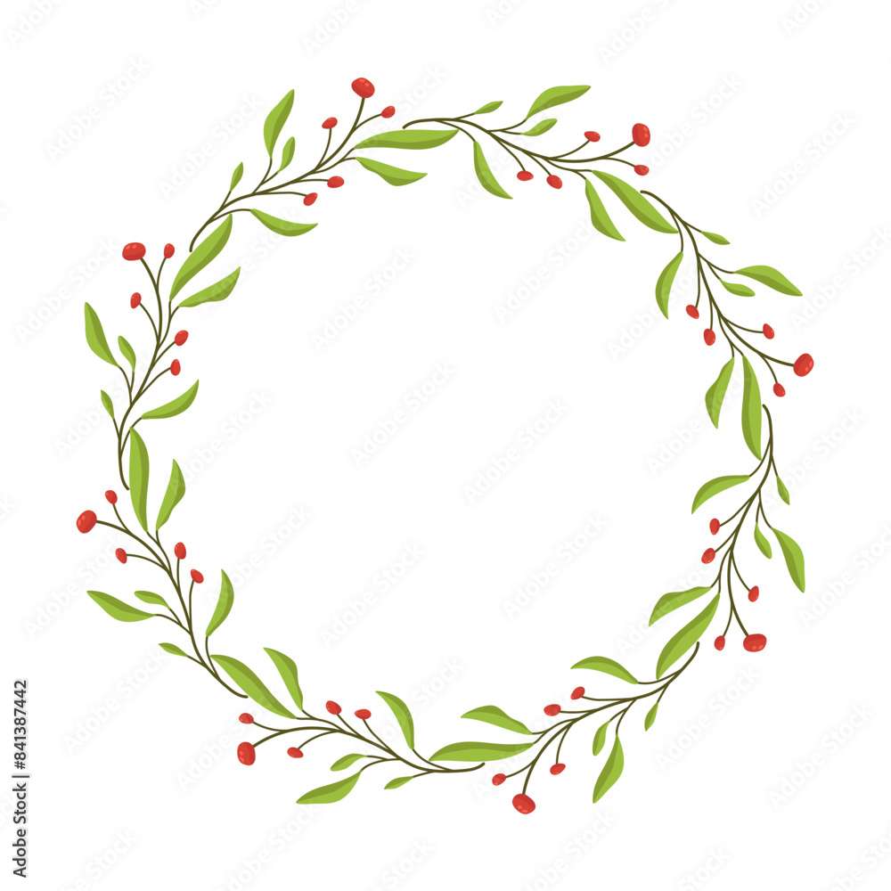 Vector wreath of leaves and wildflowers. Template for a postcard. Green circle of leaves and flowers. Concept of spring and summer holiday invitation. Vector wreath of leaves and wildflowers. Template for a postcard. Green circle of leaves and flowers. Concept of spring and summer holiday invitation.