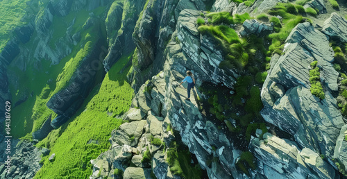 A drone shot shows an aerial view of a hiker standing on top of a rocky cliff in front of a grassy mountain with green and brown vegetation