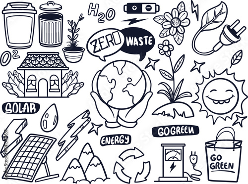 Hand drawn of green energy stickers set in black white style. Renewable energy and go green concept.