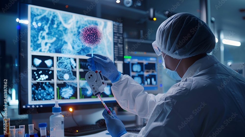 A researcher uses an AI medical system to examine and analyze cellular structures in a high-tech lab. A researcher uses an AI medical system to examine and analyze cellular structures in a high-tech lab.