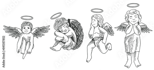 Hand drawn of cupid angels from different views in engraving black white style vector illustration.