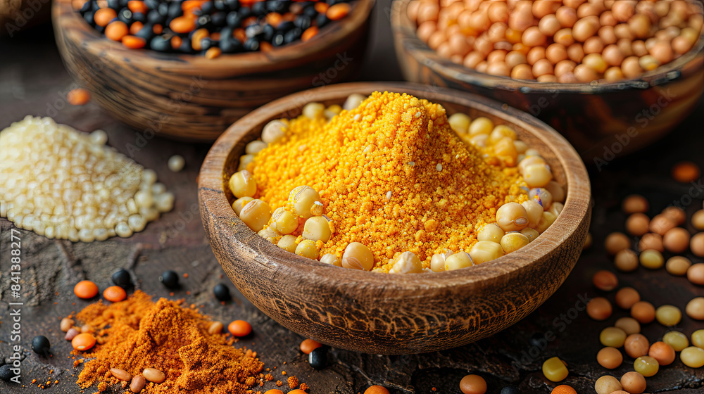 A bowl of yellow powder is surrounded by other bowls of different colored beans A bowl of yellow powder is surrounded by other bowls of different colored beans