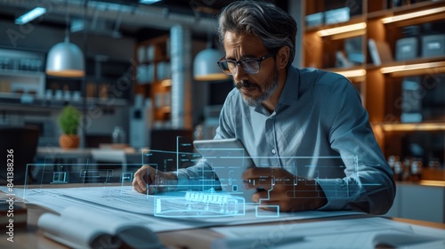An architect sitting at a table with blueprints  using augmented reality on a mobile device to display digital twin engineering of an HVAC system. Generative AI.