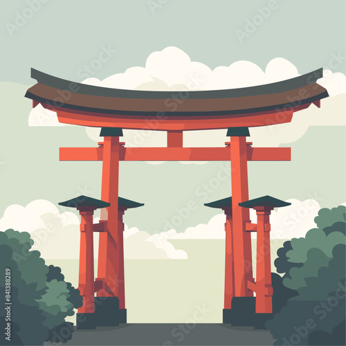 A simple flat vector illustration of the red torii gate at Fushimi Inari, in a clip art style