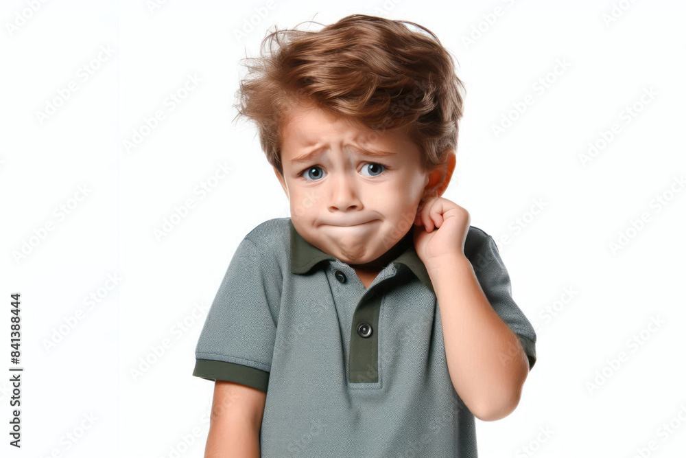 Funny child with a gesture of discomfort on his face Isolated on white background Funny child with a gesture of discomfort on his face Isolated on white background