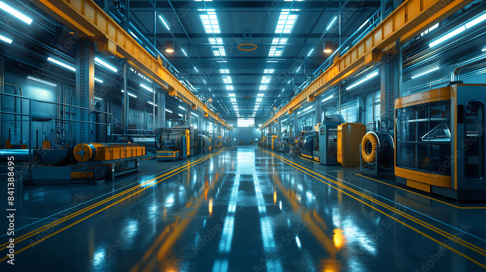 A wide shot of a sleek modern factory floor with automated machinery, highlighting advanced technology
A wide shot of a sleek modern factory floor with automated machinery, highlighting advanced technology