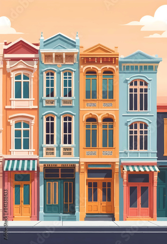 a vector design of a row of colorful heritage shophouses with doors and windows in singapore