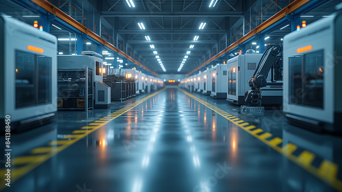  A wide shot of a sleek modern factory floor with automated machinery, highlighting advanced technology