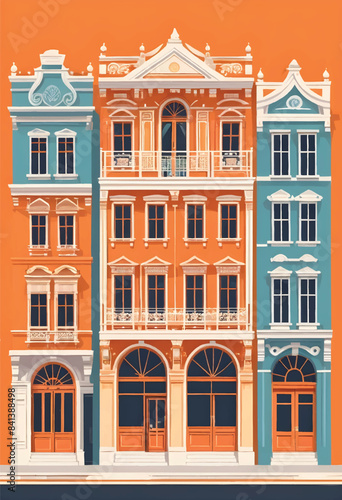 a vector design of a singapore colorful heritage buildings with a balcony and windows 