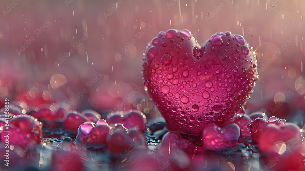 A heart with water droplets on it is surrounded by many other hearts